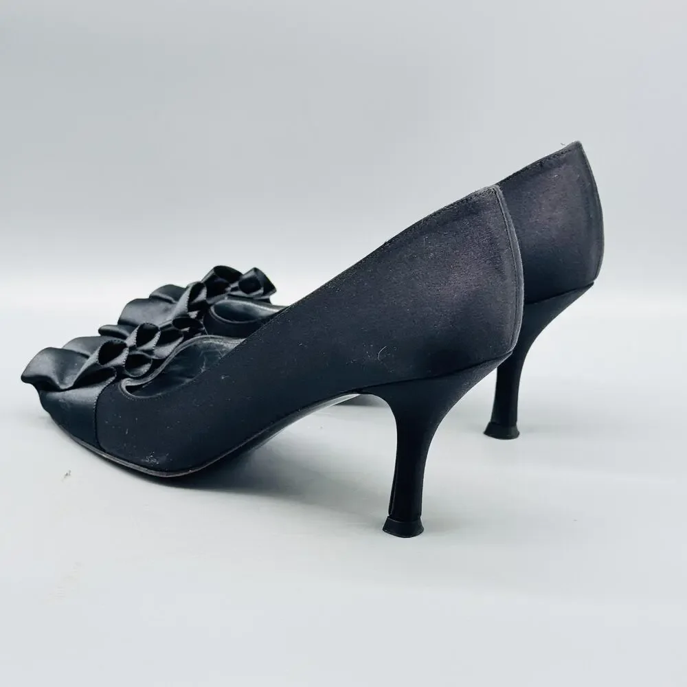 Stuart Weitzman Shoes Women 8.5 Black Satin Gigiritz Peep Toe Ruffle Pump Dress